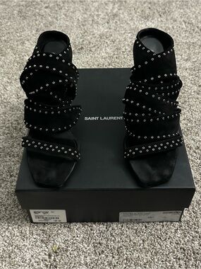 Saint Laurent Black Studded Suede Around Wrap Heels EUR 39.5